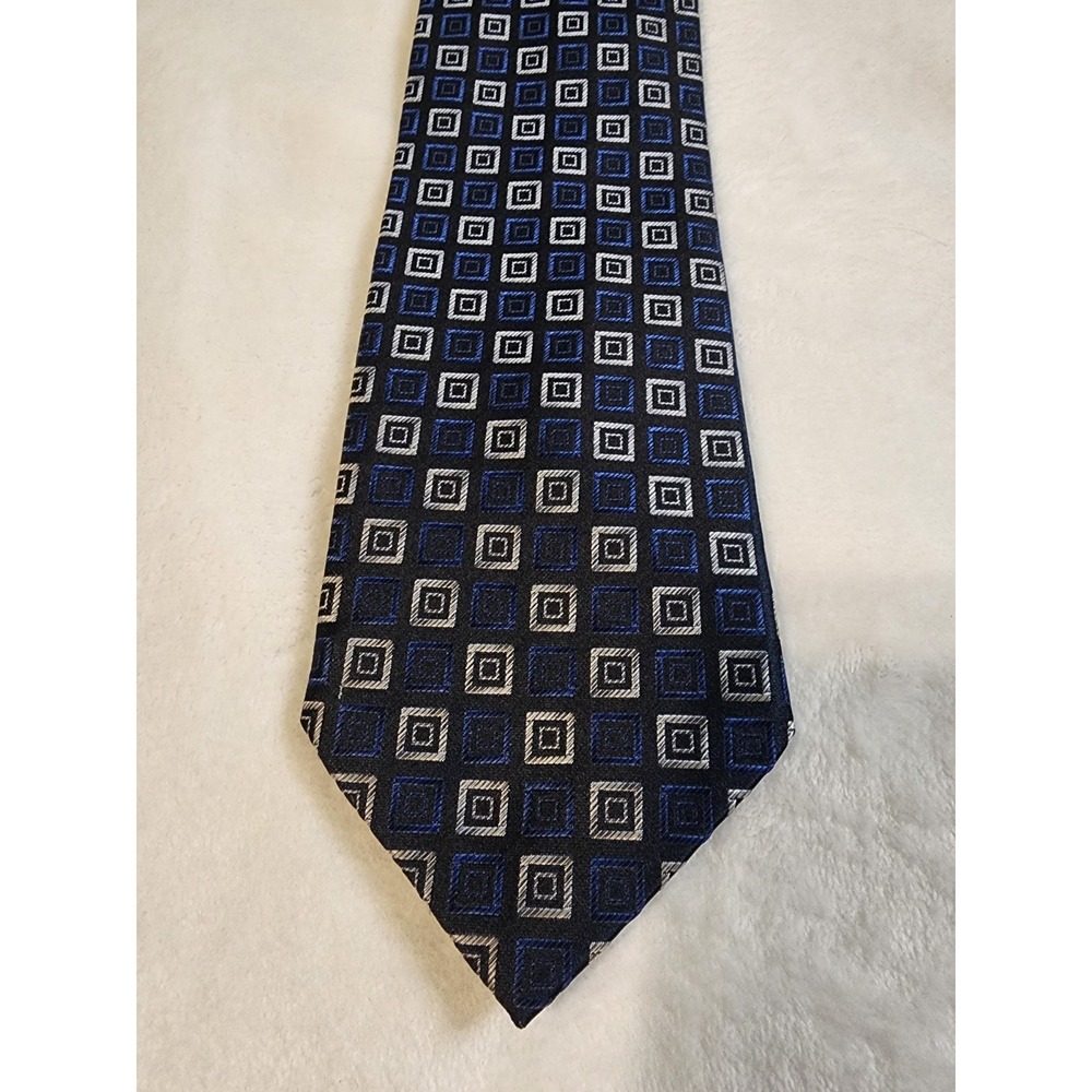 Chas Reed & Co Mens 100% Silk Necktie Geometric Check Blue Silver Tie Business